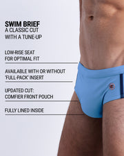Infographic explaining the classic cut with a tune-up COASTAL BLUE Swim Brief by DC2. These men swimsuit is low-rise seat for optimal fit, available with or without 'Full-Pack' insert, comfier front pouch, and fully lined inside.