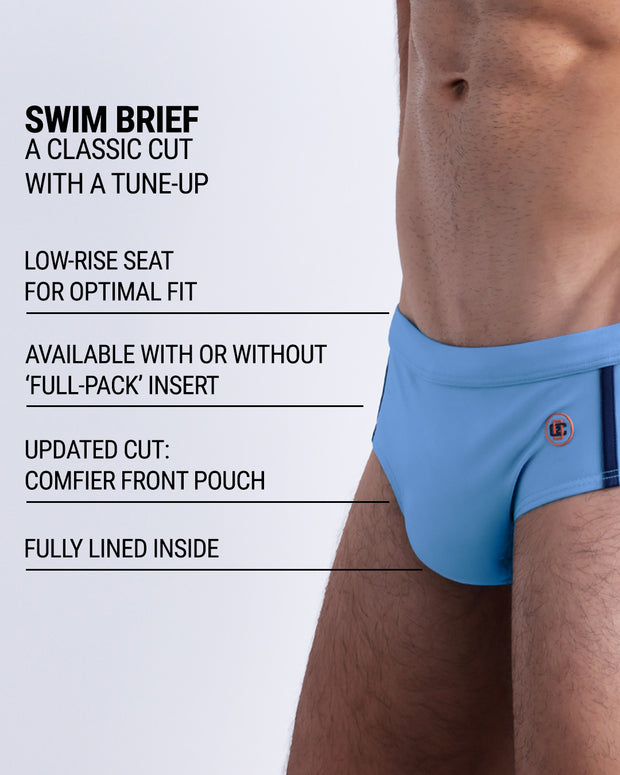 Infographic explaining the classic cut with a tune-up COASTAL BLUE Swim Brief by DC2. These men swimsuit is low-rise seat for optimal fit, available with or without &