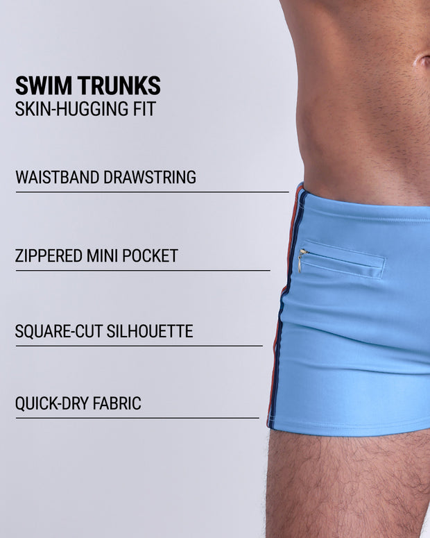 Infographic explaining the Swim Trunks swimming shorts by DC2. These Swim Trunks have a skin-hugging fit, have separate waistband construction, zippered mini pocket, square-cut form-fitting silhouette and quick-dry fabric.