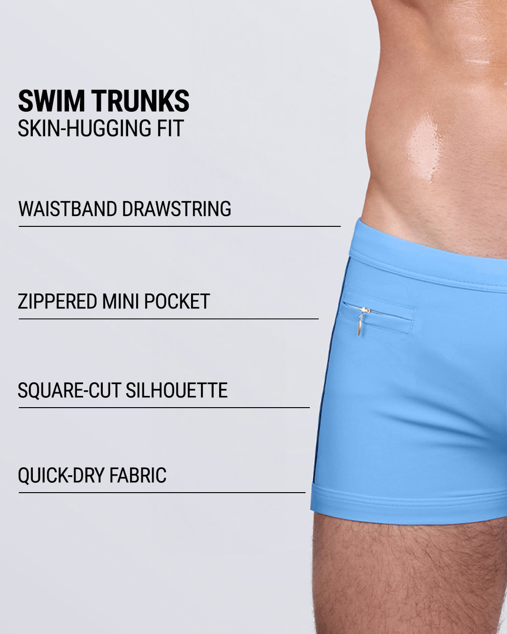 Product details graphic of COASTAL BLUE Swim Trunks — showcasing waistband drawstring, zippered mini pocket, and quick-dry fabric.