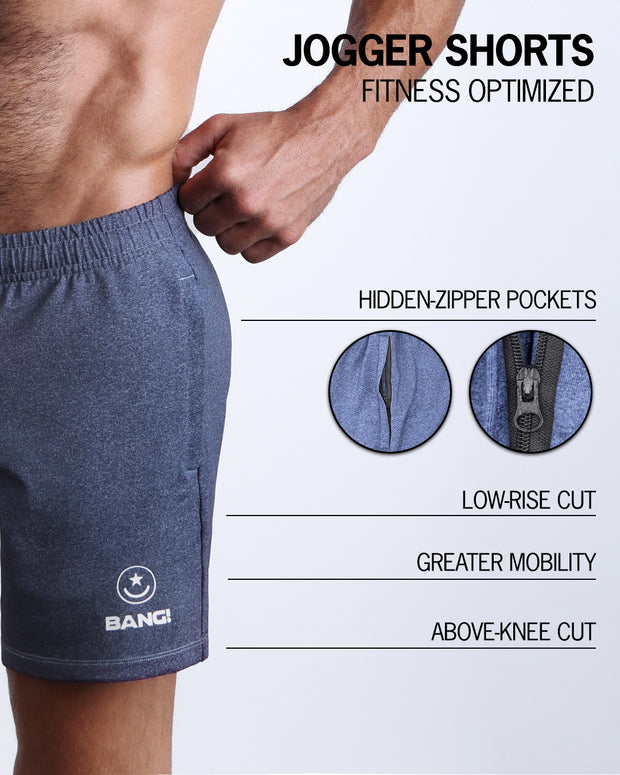 The BANG! COMPOUND BLUE Jogger Shorts - designed with sweat-wicking fabric to keep you cool and dry, hidden zipper pockets to keep your essentials safe, a low-rise cut for a comfortable fit, and an above-knee length for maximum mobility. 