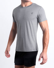 Front view of a male model wearing the COMPOUND GREY Fitness T-Shirt with the BLACK Endurance Shorts Lines for men by DC2 a BANG! Miami Clothes capsule brand.