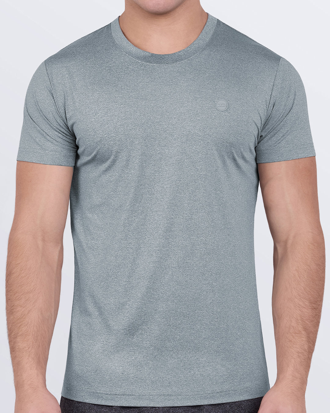 DC2 Compound Grey Fitness T-shirt — model wearing athletic-fit men’s gym shirt, featuring moisture-wicking stretch fabric.