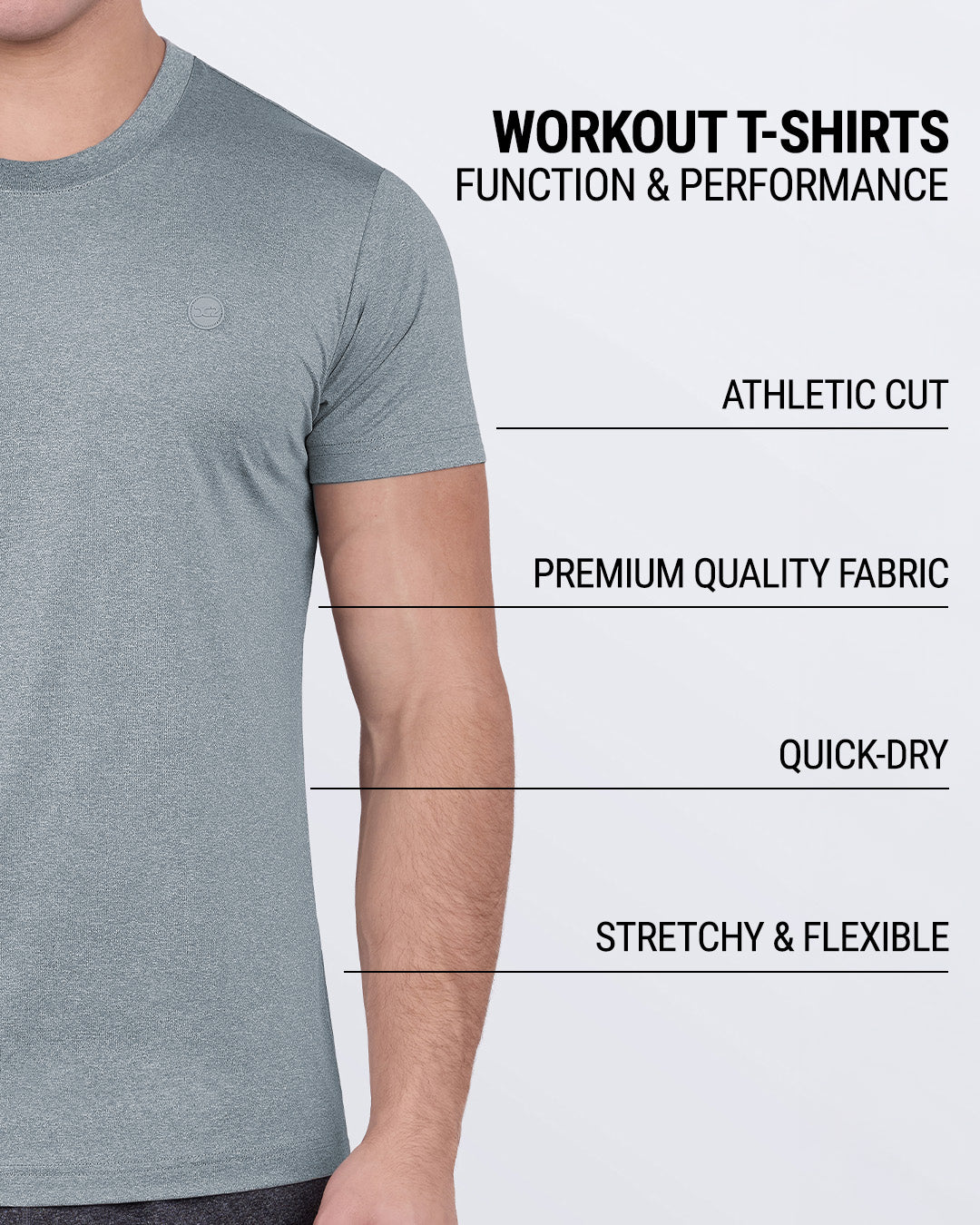 Product details graphic of Compound Grey Fitness T-shirt — showcasing athletic cut, premium fabric, quick-dry, and flexible stretch.
