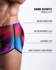Infographics explaining how perfect the BANG! Clothes Swim Shorts in CONFESSIONS ON A SAND FLOOR are. They have a no-dig waistline, retro-inspired cut, low-rise cut, and have a brief-shaped liner inside.