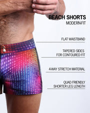 Infographic explaining the many features of these modern fit CONFESSIONS ON A SAND FLOOR Beach Shorts by BANG! Clothes. These swimming shorts have a flat waistband, tapered sides for a contoured fit, 4-way stretch material, and quad-friendly leg length. 