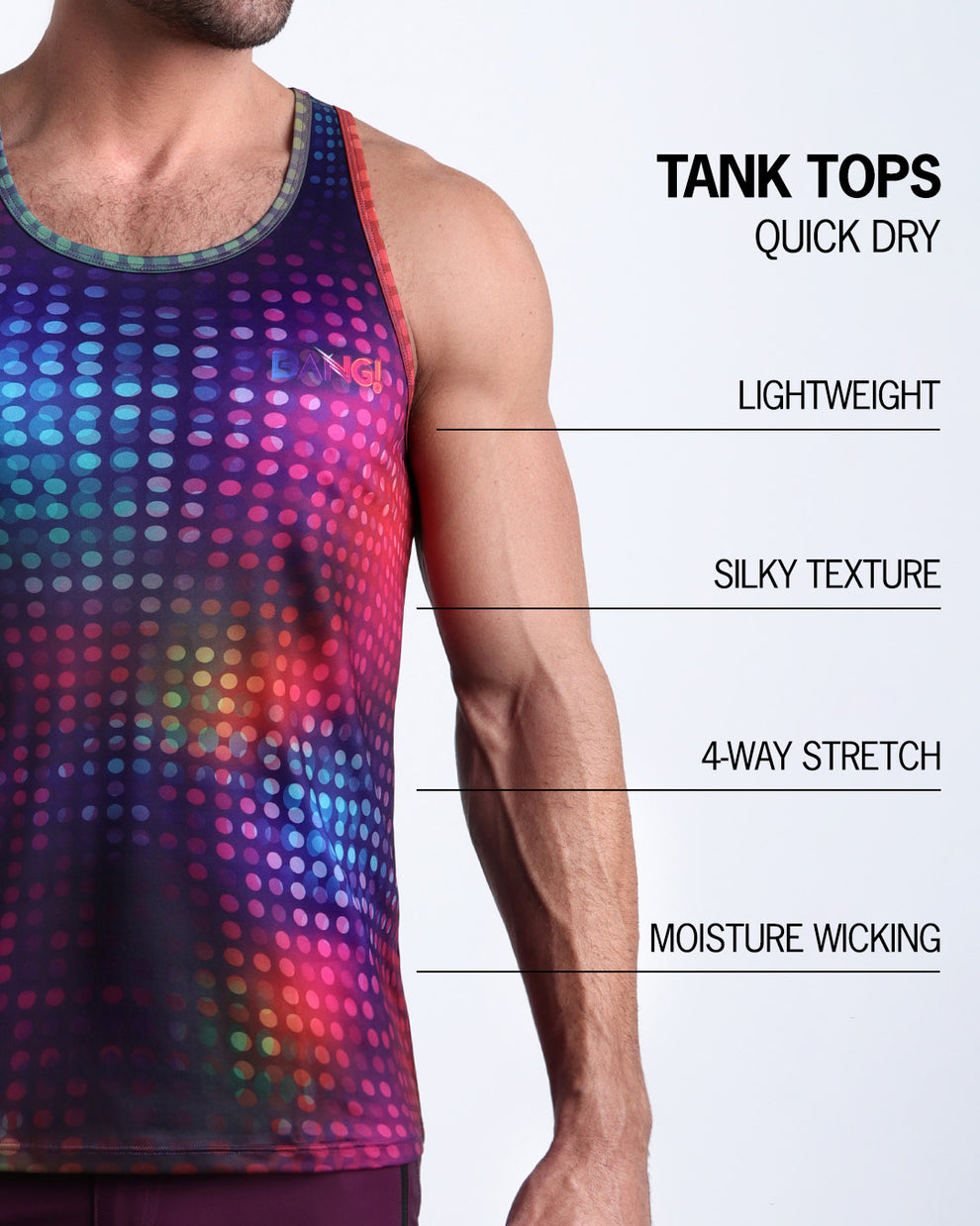 An infographic explaining the features of the lightweight, silky texture, 4-way stretch, and moisture-wicking material of the BANG! fitness tank top.