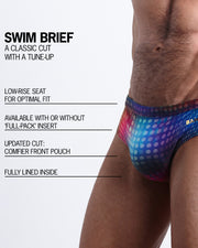 Infographic explaining the classic cut with a tune-up CONFESSIONS ON A SAND FLOOR Swim Brief by BANG! Clothes. These men swimsuit is low-rise seat for optimal fit, available with or without 'Full-Pack' insert, comfier front pouch, and fully lined inside.