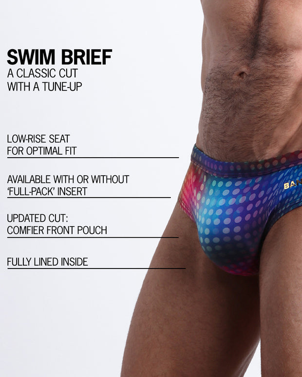 Infographic explaining the classic cut with a tune-up CONFESSIONS ON A SAND FLOOR Swim Brief by BANG! Clothes. These men swimsuit is low-rise seat for optimal fit, available with or without &