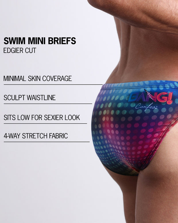 Infographic explaining the features of the CONFESSIONS ON A SAND FLOOR Swim Mini Brief made by BANG! Clothes. These edgier cut mens swimsuit are minimal skin coverage, sculpts waistline, sits low for sexier look, and 4-way stretch fabric.
