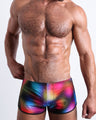 Front view of the CONFESSIONS ON A SAND FLOOR men’s bikini-style bottoms featuring a pop color disco ball print by the Bang! brand of men's beachwear from Miami.