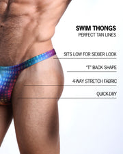 Infographic explaining the many features of the BANG! Clothes CONFESSIONS ON A SAND FLOOR Swim Thongs. These Summer speedo fit men's swimsuit is perfect for tanning, they sit low for a sexier look, "T" back shape, have 4-way stretch fabric, and are quick-dry.