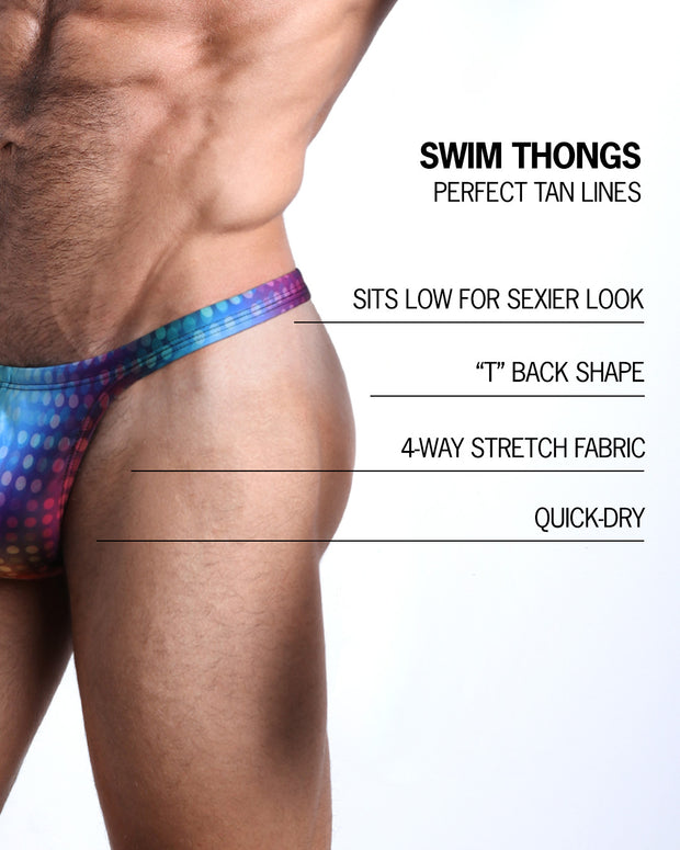 Infographic explaining the many features of the BANG! Clothes CONFESSIONS ON A SAND FLOOR Swim Thongs. These Summer speedo fit men&