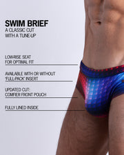 Infographic explaining the classic cut with a tune-up CONFESSIONS ON A SAND FLR VOL 2 Swim Brief by BANG! Clothes. These men swimsuit is low-rise seat for optimal fit, available with or without 'Full-Pack' insert, comfier front pouch, and fully lined inside.