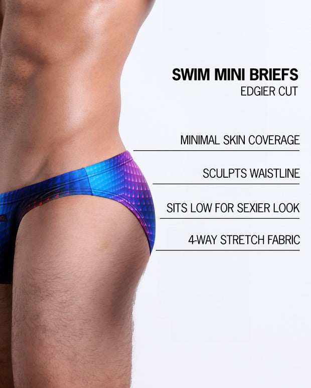 Infographic explaining the features of the CONFESSIONS ON A SAND FLR VOL 2 Swim Mini-Brief made by BANG! Clothes. These edgier cut mens swimsuit are minimal skin coverage, sculpts waistline, sits low for sexier look, and 4-way stretch fabric.