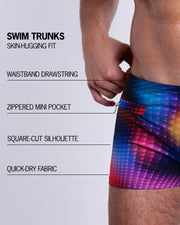 Infographic explaining the Swim Trunks swimming shorts by BANG! These Swim Trunks have a skin-hugging fit, have separate waistband construction, zippered mini pocket, square-cut form-fitting silhouette and quick-dry fabric.