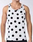 Connect The Dots Tank Top by DC2 Miami featuring oversized black polka dots on white performance fabric with a lightweight athletic fit.