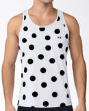 Connect The Dots Tank Top by DC2 Miami featuring oversized black polka dots on white performance fabric with a lightweight athletic fit.