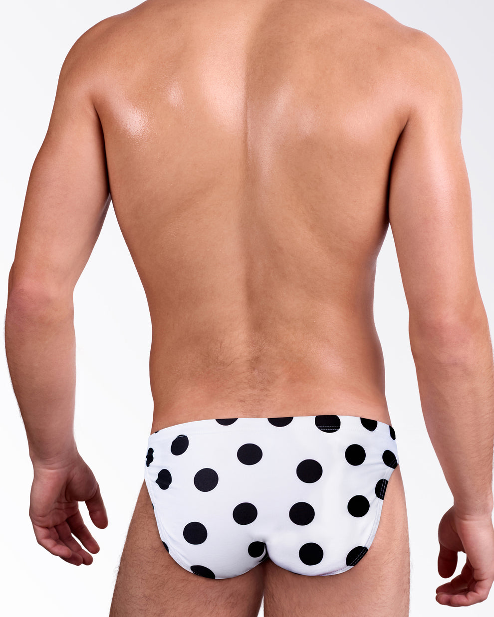 DC2 Miami Connect the Dots Swim Mini Brief — back view highlighting the black polka dot pattern and cheeky fitted cut.