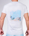 Close-up back view of the Coral Way Cotton Graphic T-Shirt by DC2 Miami, featuring pastel seashells, starfish and coral artwork.