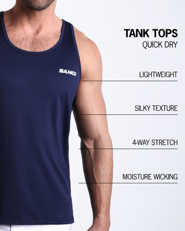 An infographic explaining the features of the lightweight, silky texture, 4-way stretch, and moisture-wicking material of the BANG! fitness tank top.