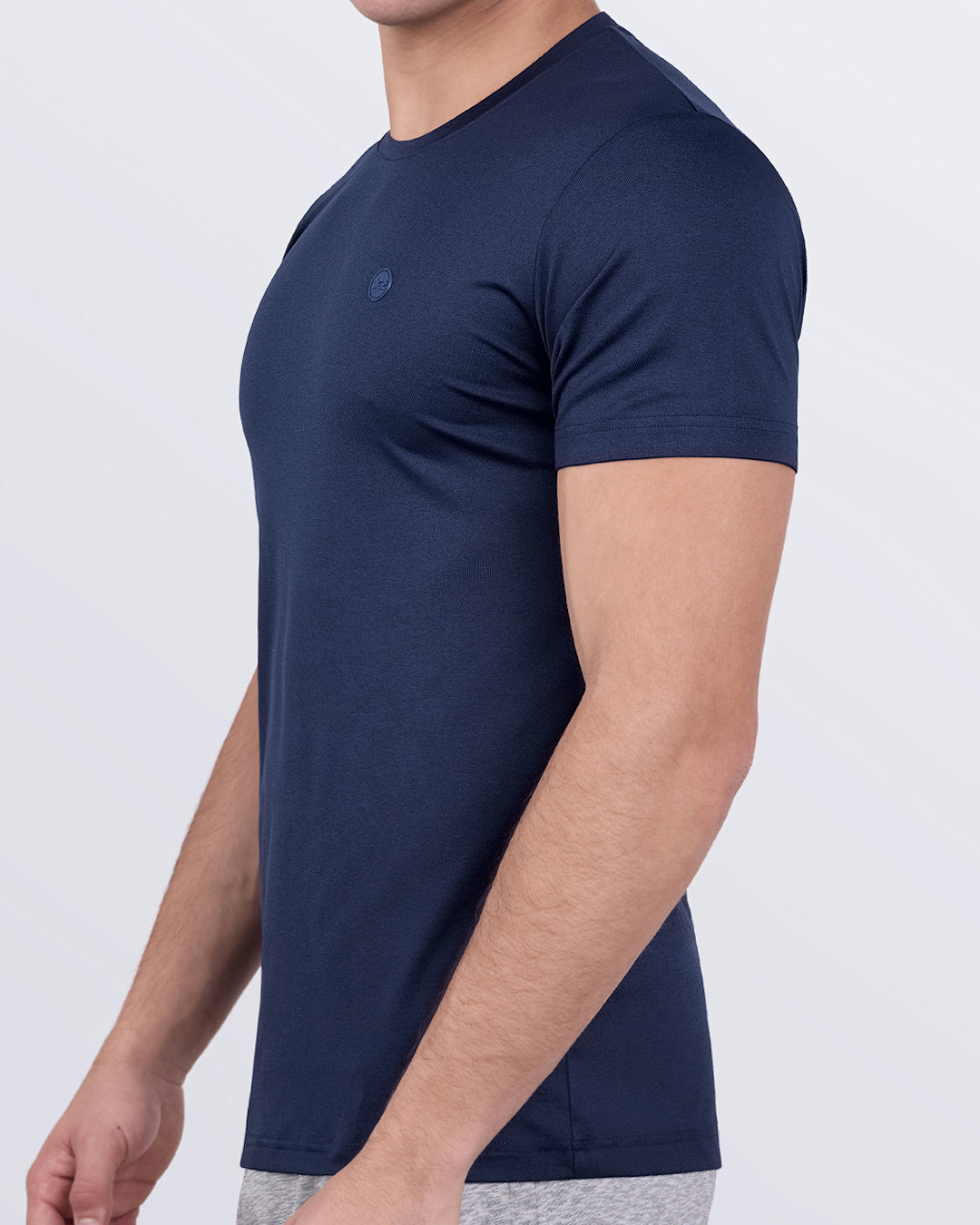 DC2 CORE BLUE Fitness T-shirt — side profile showing sleeve length, tailored fit, and lightweight stretch construction.