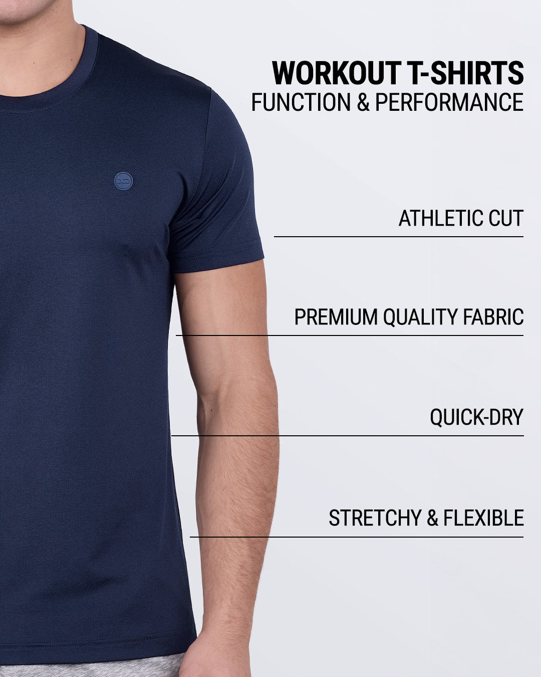 Product details graphic of CORE BLUE Fitness T-shirt — showcasing athletic cut, premium fabric, quick-dry tech, and stretch-flex functionality.