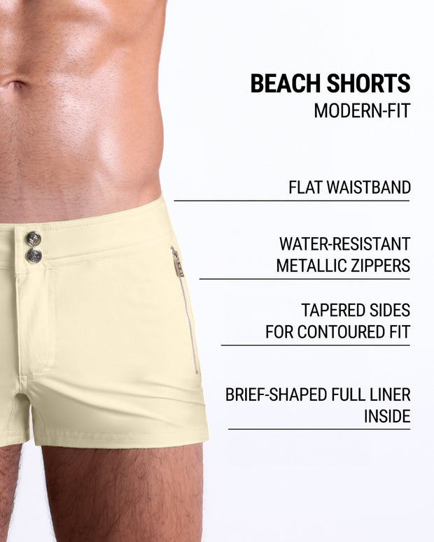 Infographic displaying the contemporary fit of DC2 Beach Shorts. These shorts feature a flat waistband, water-resistant metallic zippers, tapered sides for contoured fit, and a brief-shaped full liner inside.
