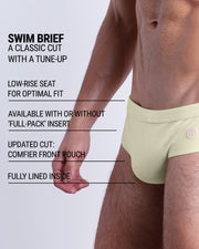 Infographic explaining the classic cut with a tune-up CREAM FIELDS Swim Brief by DC2. These men swimsuit is low-rise seat for optimal fit, available with or without 'Full-Pack' insert, comfier front pouch, and fully lined inside.