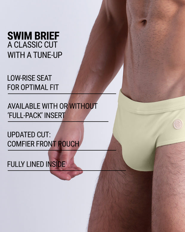 Infographic explaining the classic cut with a tune-up CREAM FIELDS Swim Brief by DC2. These men swimsuit is low-rise seat for optimal fit, available with or without &