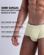 Infographic explaining the Brazilian Men's Swim Sunga. These Swim Sunga are easy around the waist, are mid-length waist coverage, are tight aroung the legs, and have contoured-shape pouch.