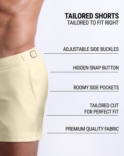 Infographic explaining the Tailored Shorts features and how they're tailored to fit every body form. They have hidden snap button with zipper, adjustable side buckles, and hidden snap button with zipper premium quality beach shorts for men.