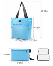 Sizing infographic for the COASTAL BLUE Poolside Tote Bag by DC2 Miami. The main tote bag measures 25 inches (63 cm) in height including straps, 14 inches (36 cm) in height without straps, and 5 inches (13 cm) in depth, accommodating a 16-inch laptop. The detachable pouch measures 9 inches (24 cm) in width and 6 inches (16 cm) in height.