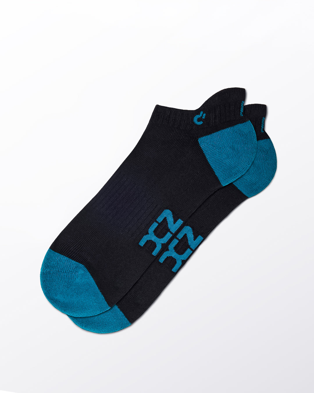 DC2 Daily Ribbed Ankle Socks (Black + Teal) — pair of low-cut socks with teal toe and heel, featuring DC2 logo on arch.