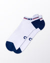 DC2 Daily Ribbed Ankle Socks (White) — pair of low-cut socks with navy toe and heel, red and navy striped cuff detail.