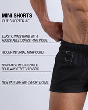 Infographic explaining the DARK KNIGHT Mini Shorts features and how they're cut shorter. They have an elastic waistband with an adjustable drawstring inside, they have a hidden internal mini-pocket, now made with flexible four-way stretch fabric and a new pattern with shorter legs.