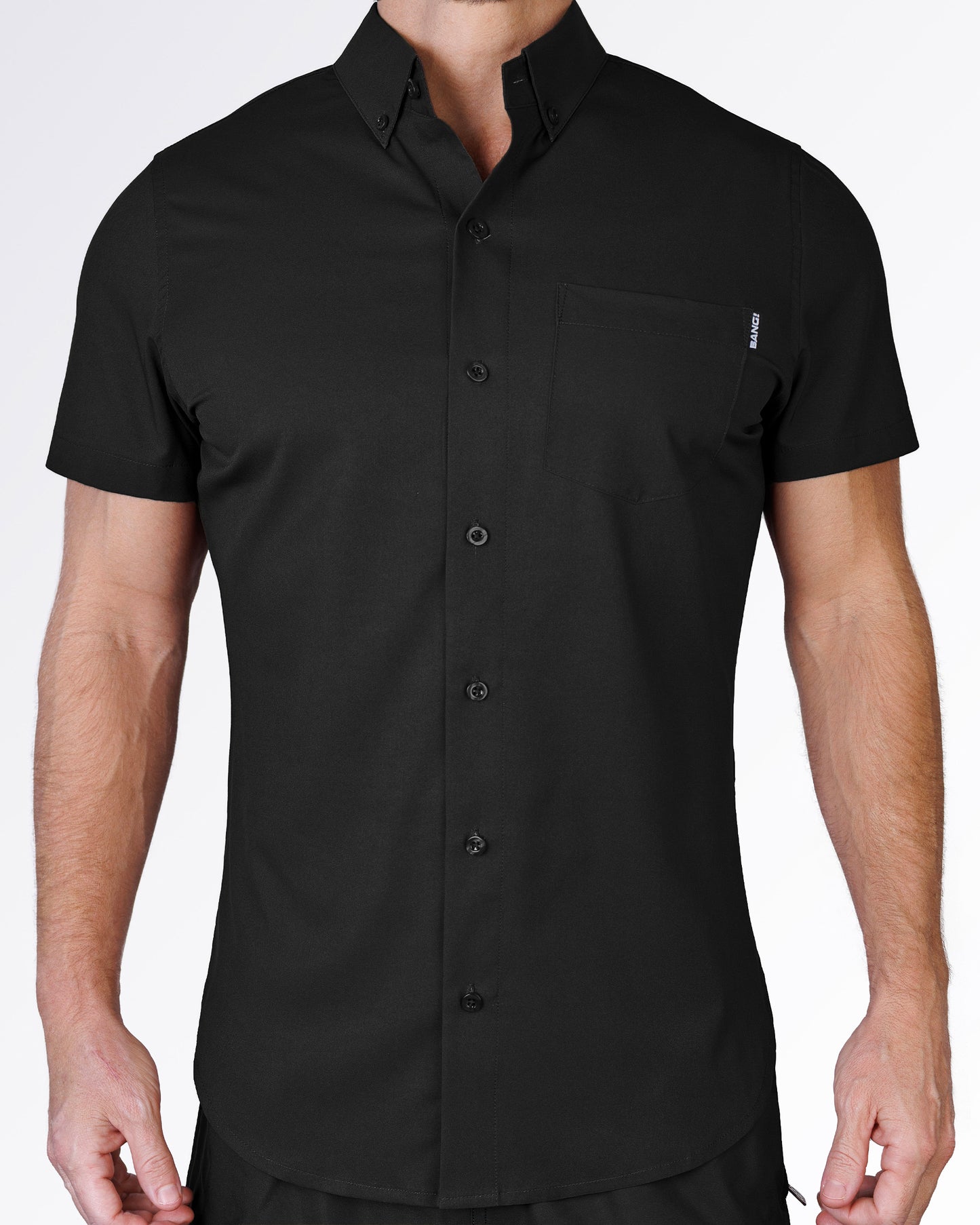 BANG Miami Dark Knight Stretch Shirt – men's slim-fit short sleeve button-down in black with chest pocket