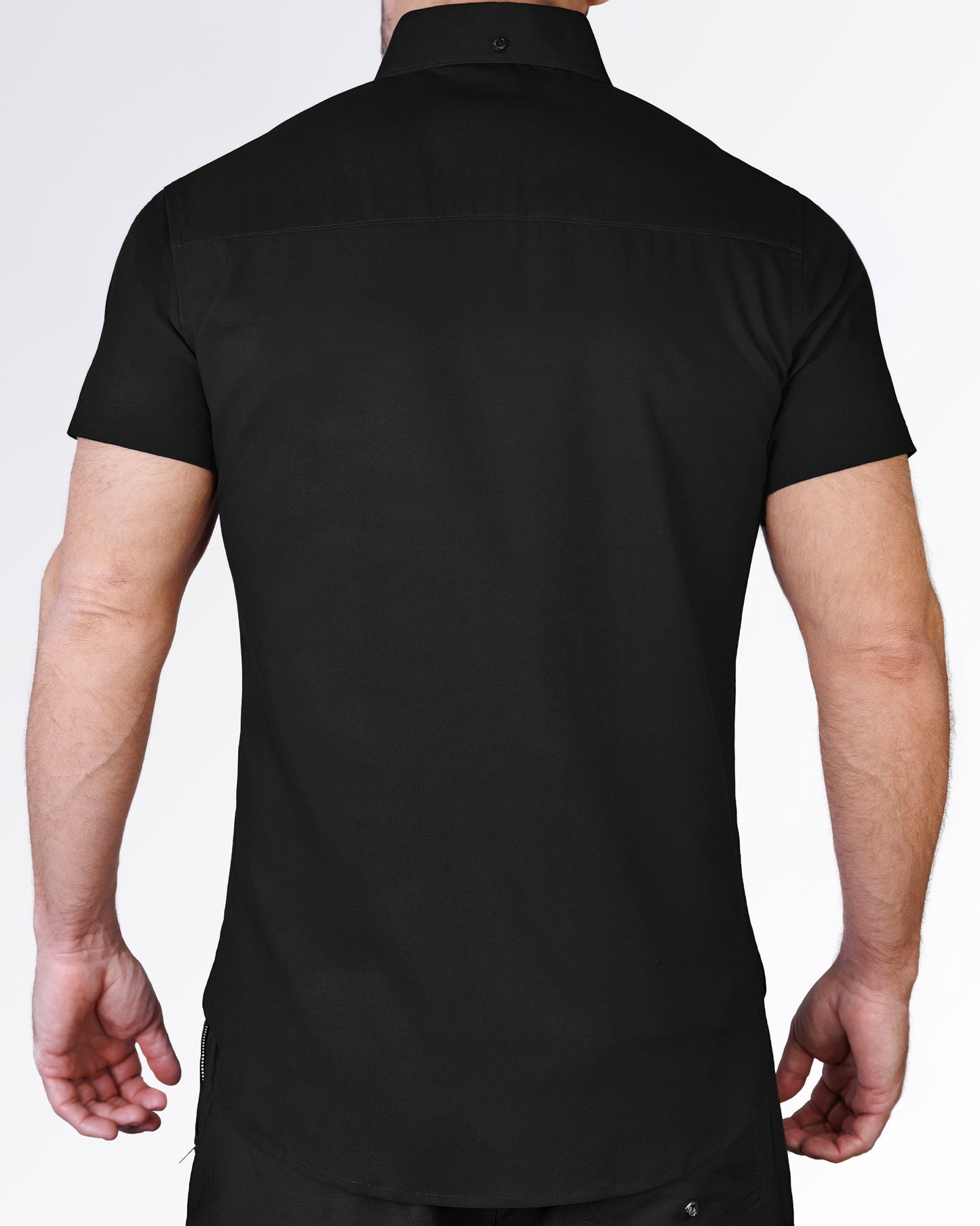 BANG Miami Dark Knight Stretch Shirt – back view of men's slim-fit short sleeve resort shirt in black