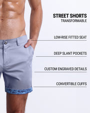 Men tailored fit chino shorts in DIVING BLUE by DC2 Keeps you feeling comfortable and looking sharp all. Classic chino shorts for men in a cotton blend from DC2 Clothing from Miami. Features two front pockets and custom engraved button front closure with zip fly. Can roll-up cuffs for shorter length and showing internal print. Or hem down for a mid-thigh length and full-solid grey color showing.