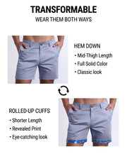 DIVING BLUE Street shorts by DC2 are tranformable. You're able to wear wear them 2 ways: Hem down or rolled-up cuffs. Hem down have a mid-thigh length, full solid color, and provide a classic chino shorts look. Rolled-up cuffs provide a shorter length, provide a fun print and eye-catching look.