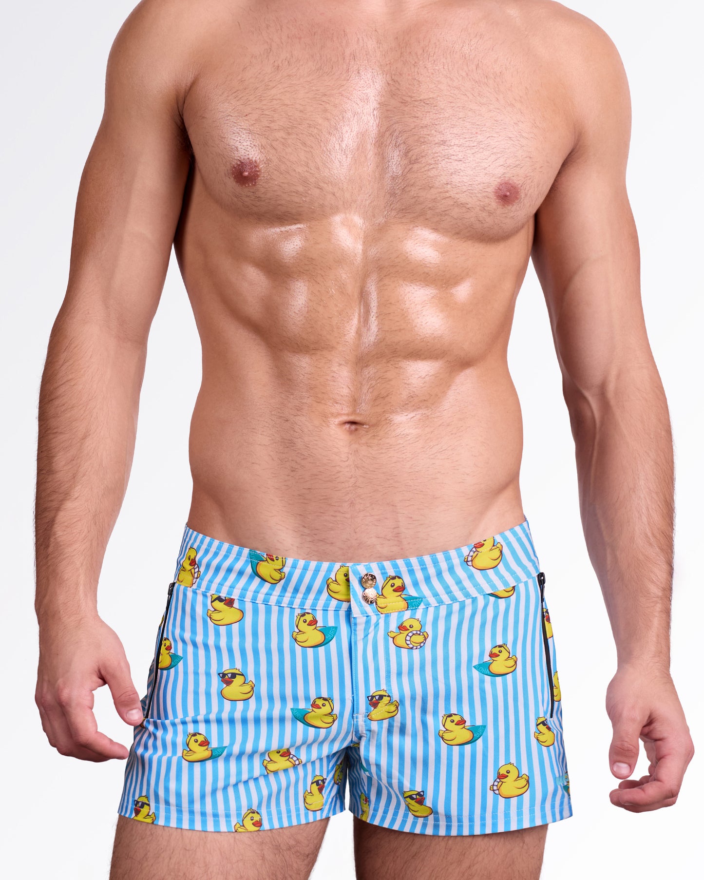BANG Ducks Just Wanna Have Fun Beach Shorts — close front view highlighting the fun duck print, structured waistband with double snap-button closure, and modern resort-ready design.