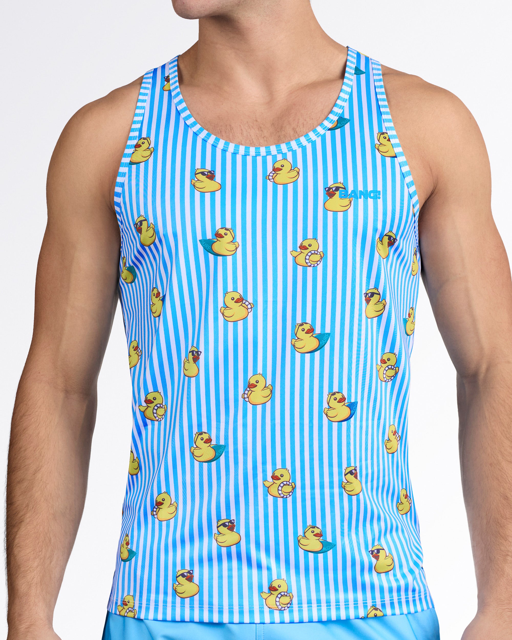 BANG Ducks Just Wanna Have Fun Gym Tank Top — model wearing blue and white vertical striped men’s tank featuring playful yellow duck print and front BANG logo.