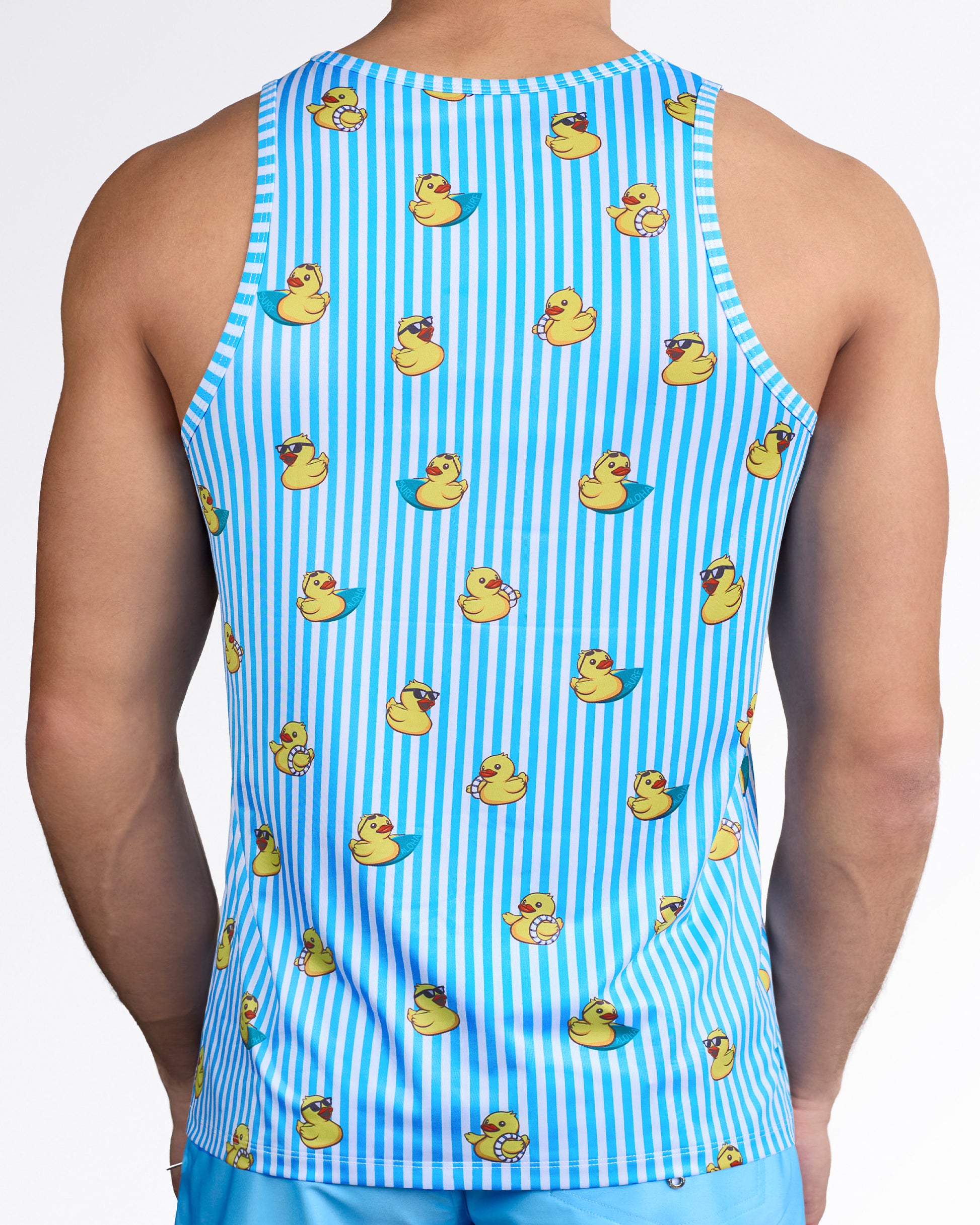 BANG Ducks Just Wanna Have Fun Gym Tank Top — back view showcasing full striped pattern with scattered duck graphics and athletic racerback cut.