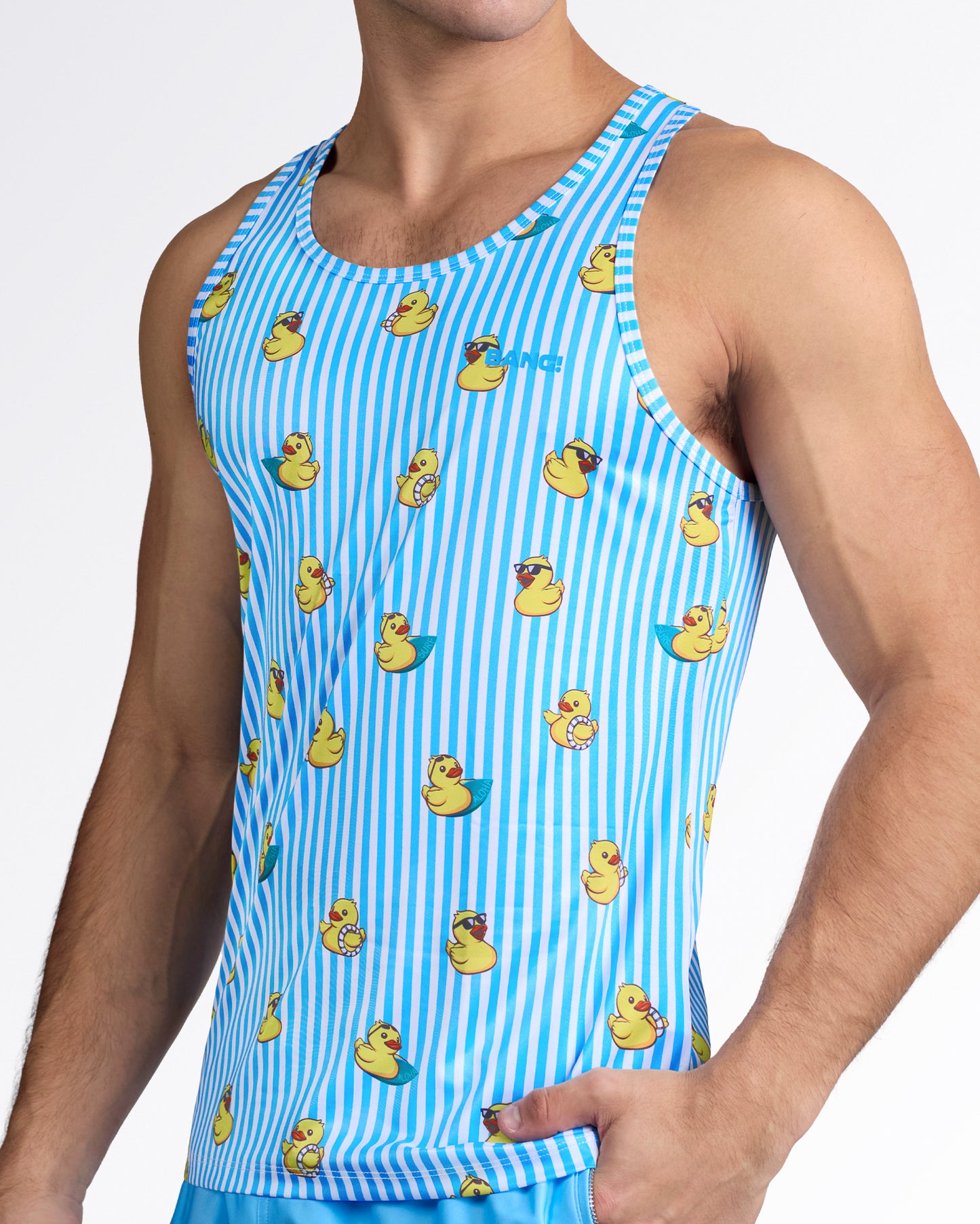 BANG Ducks Just Wanna Have Fun Gym Tank Top — angled side view highlighting tailored fit, contrast trim neckline, and vibrant allover print.