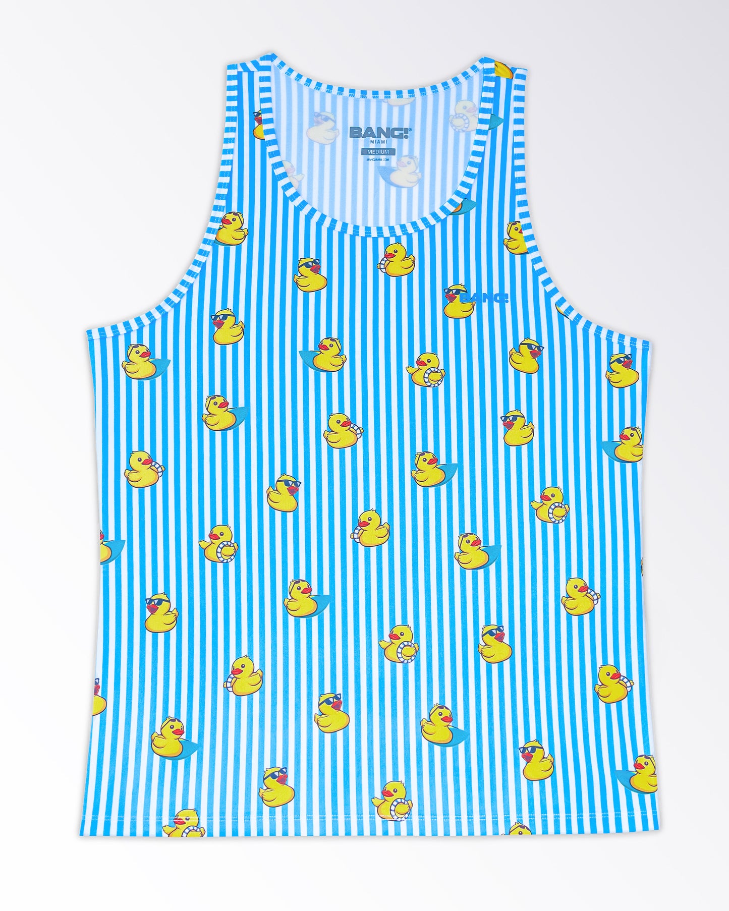 Product detail of BANG Ducks Just Wanna Have Fun Gym Tank Top — flat lay view displaying vertical stripe design, repeating duck motif, and lightweight stretch performance fabric.