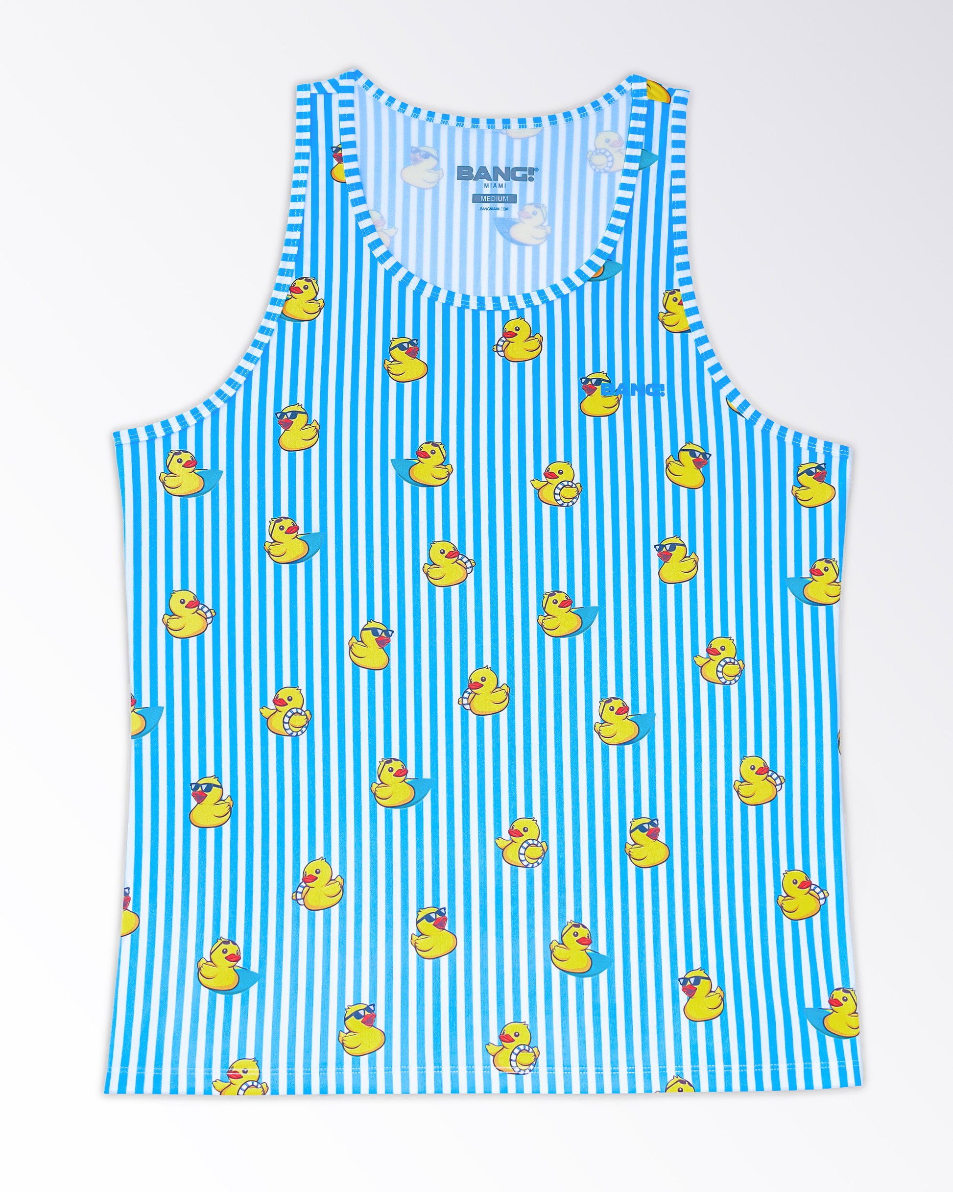 Product detail of BANG Ducks Just Wanna Have Fun Gym Tank Top — flat lay view displaying vertical stripe design, repeating duck motif, and lightweight stretch performance fabric.