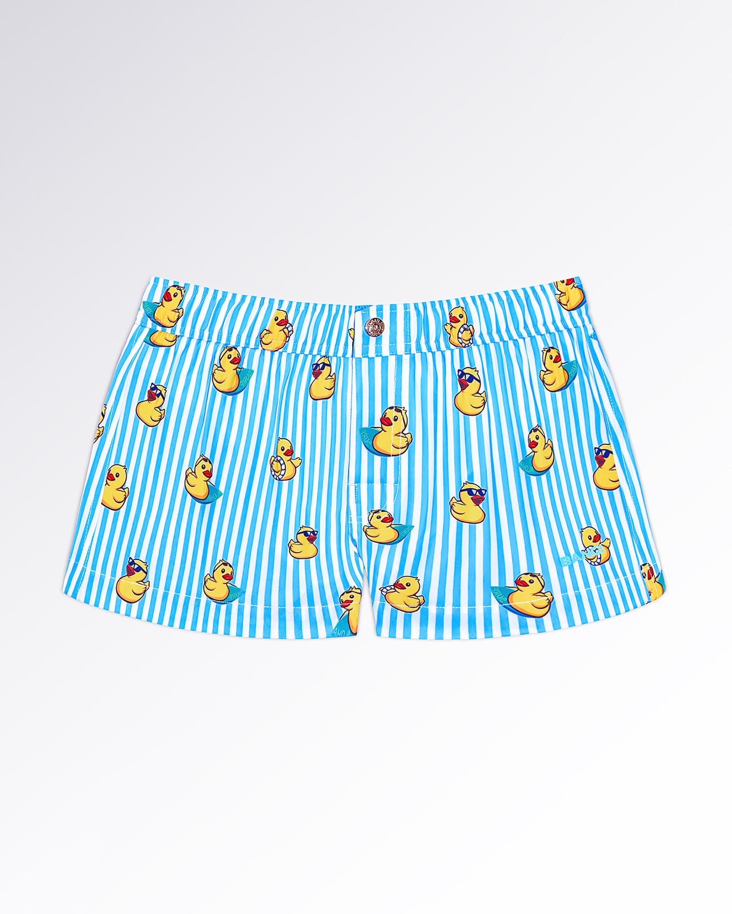 BANG! Miami Ducks Just Wanna Have Fun Mini Shorts — flat lay of blue-and-white striped mini shorts featuring playful yellow duck illustrations in a fun poolside-inspired print.