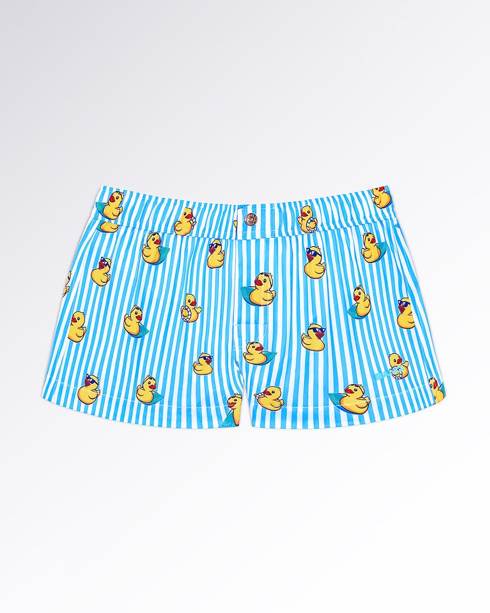 BANG! Miami Ducks Just Wanna Have Fun Mini Shorts — flat lay of blue-and-white striped mini shorts featuring playful yellow duck illustrations in a fun poolside-inspired print.