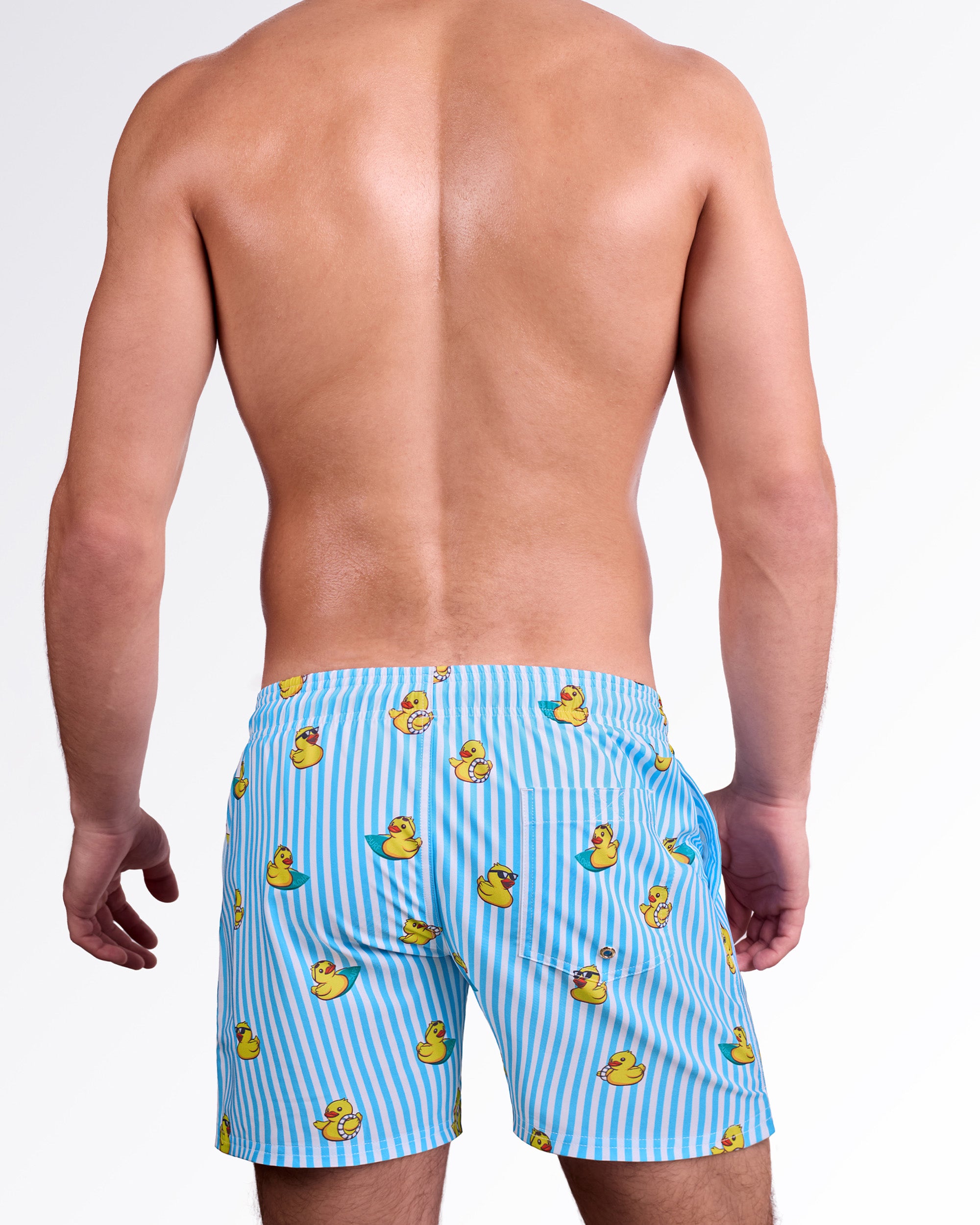 BANG! Miami Ducks Just Wanna Have Fun Resort Shorts — back view highlighting elastic waistband, rear pocket detail, and all-over duck print on lightweight quick-dry fabric.
