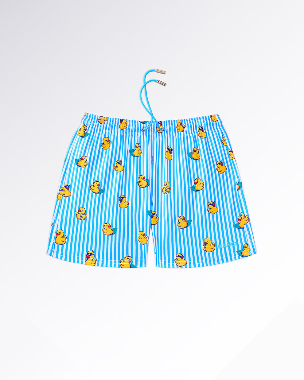 BANG! Miami Ducks Just Wanna Have Fun Resort Shorts — flat lay of blue-and-white striped resort shorts featuring playful yellow duck graphics in a fun summer-inspired print with relaxed drawstring styling.